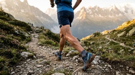 Collagène pour les sportifs : pourquoi cela peut les aider ? Coureur de trail en effort, tendon d'Achille sollicité, illustration collagène pour les sportifs