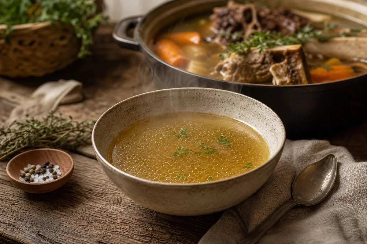 Bol de bouillon d'os fumant avec os et légumes en arrière-plan sur une cuisinière