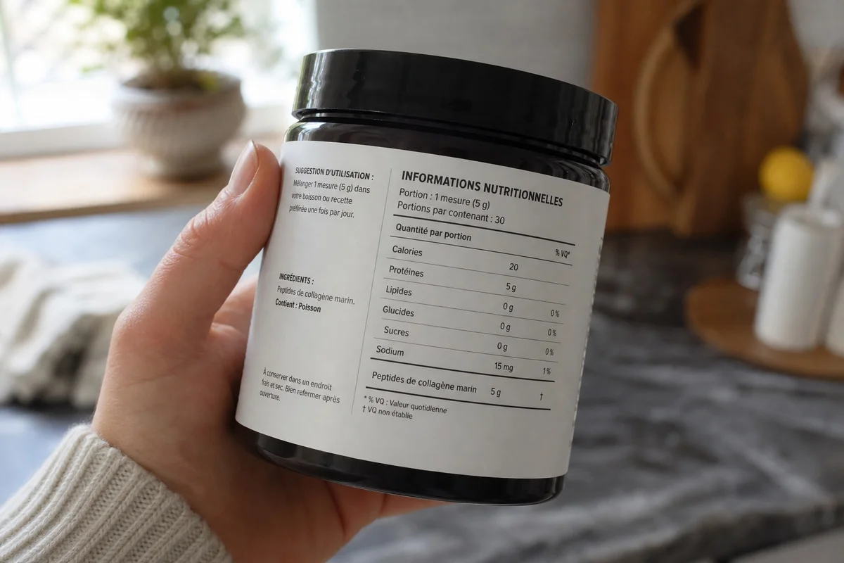 Main tenant un pot de complément alimentaire en lisant l'étiquette de composition