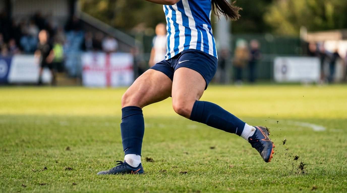 Joueuse de football effectuant un changement de direction, articulations du genou sollicitées