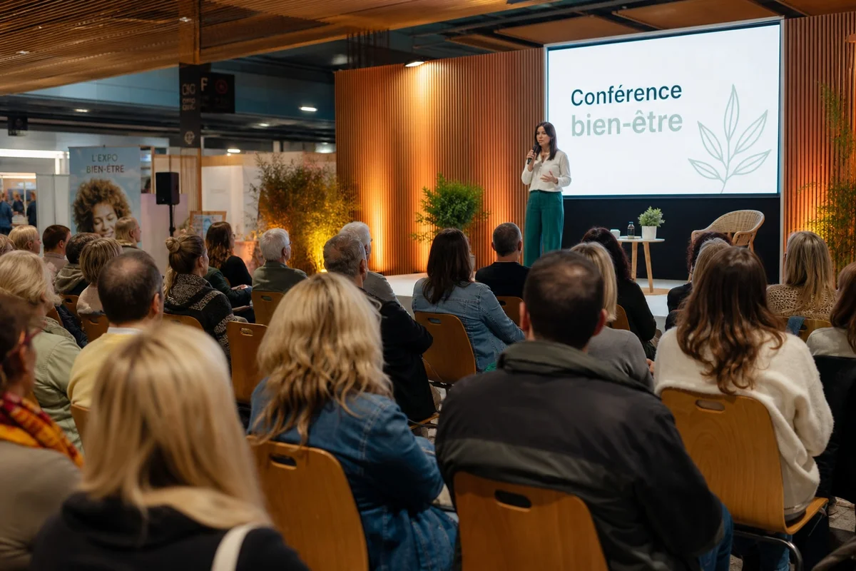 Conférence bien-être au Salon Zen Paris Intervenant donnant une conférence sur le développement personnel au Salon Zen