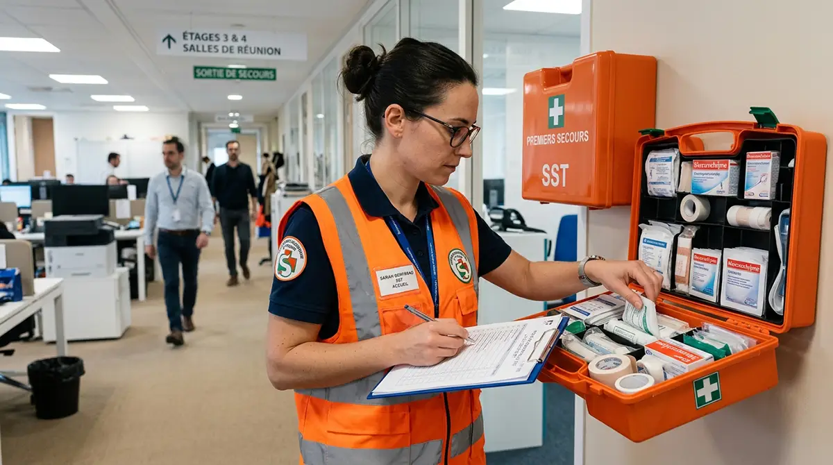 Sauveteur secouriste du travail contrôlant le contenu d'une trousse de secours entreprise