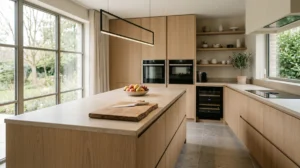 L’environnement de la maison et son impact sur le bien-être au quotidien Cuisine contemporaine haut de gamme avec îlot central bois clair et lumière naturelle douce