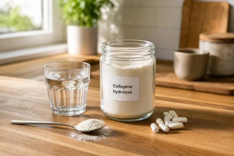 Poudre de collagène hydrolysé et gélules posées sur une table avec un verre d'eau