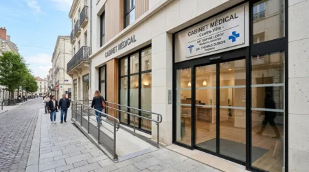 Façade d'un cabinet médical avec accès PMR pour illustrer le choix de l'emplacement