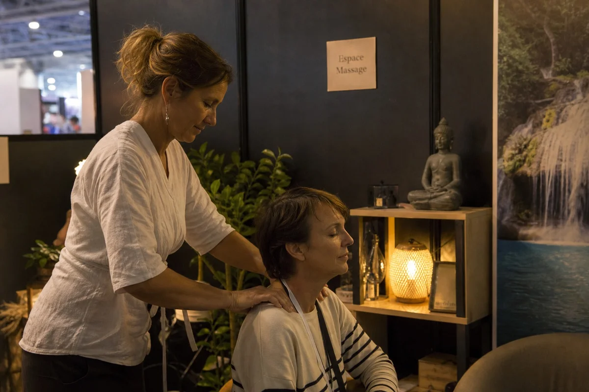 Espace massage et détente au Salon Zen Paris 2026 Visiteur recevant un massage de détente dans l'espace massage du Salon Zen