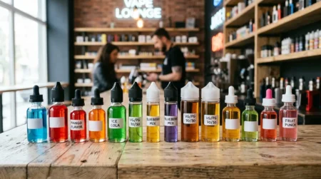 E-liquides : le guide pour trouver la saveur et le dosage qui vous correspondent Plusieurs flacons d'e-liquide alignés pour illustrer le choix de saveur et de dosage