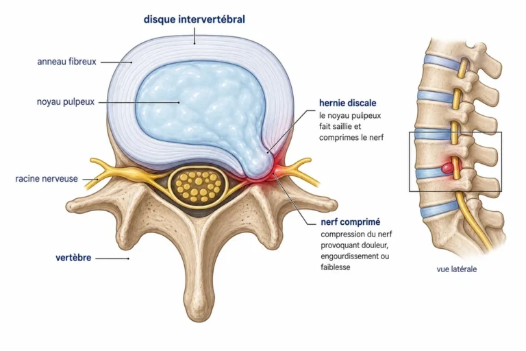 Hernie discale : symptômes, diagnostic et prise en charge sans chirurgie Schéma anatomique d'une hernie discale entre deux vertèbres lombaires avec compression du nerf