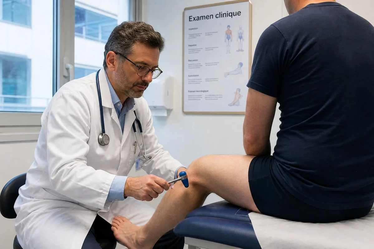 Diagnostic médical de la hernie discale Médecin réalisant un examen clinique neurologique du dos d'un patient en cabinet