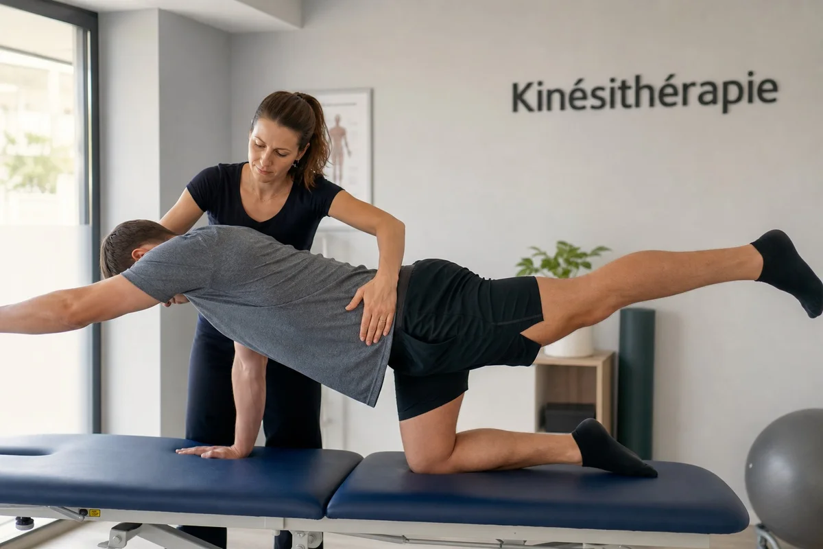 Séance de kinésithérapie pour hernie discale Kinésithérapeute accompagnant un patient dans des exercices de renforcement du dos
