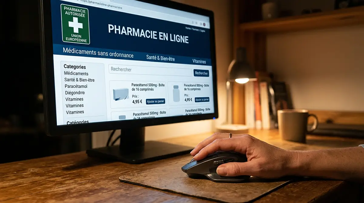 Logo européen commun affiché sur une pharmacie en ligne autorisée en France
