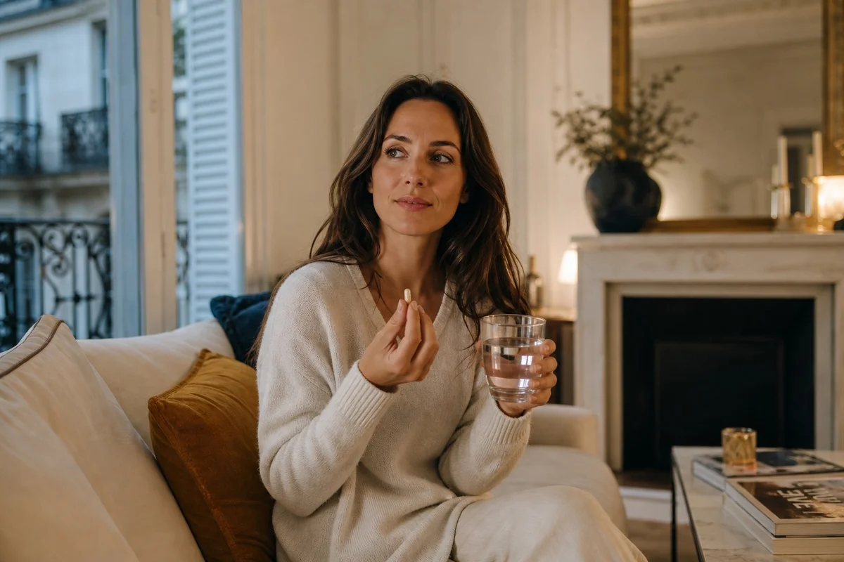 Femme assise détendue chez elle tenant une gélule de magnésium avec un verre d'eau