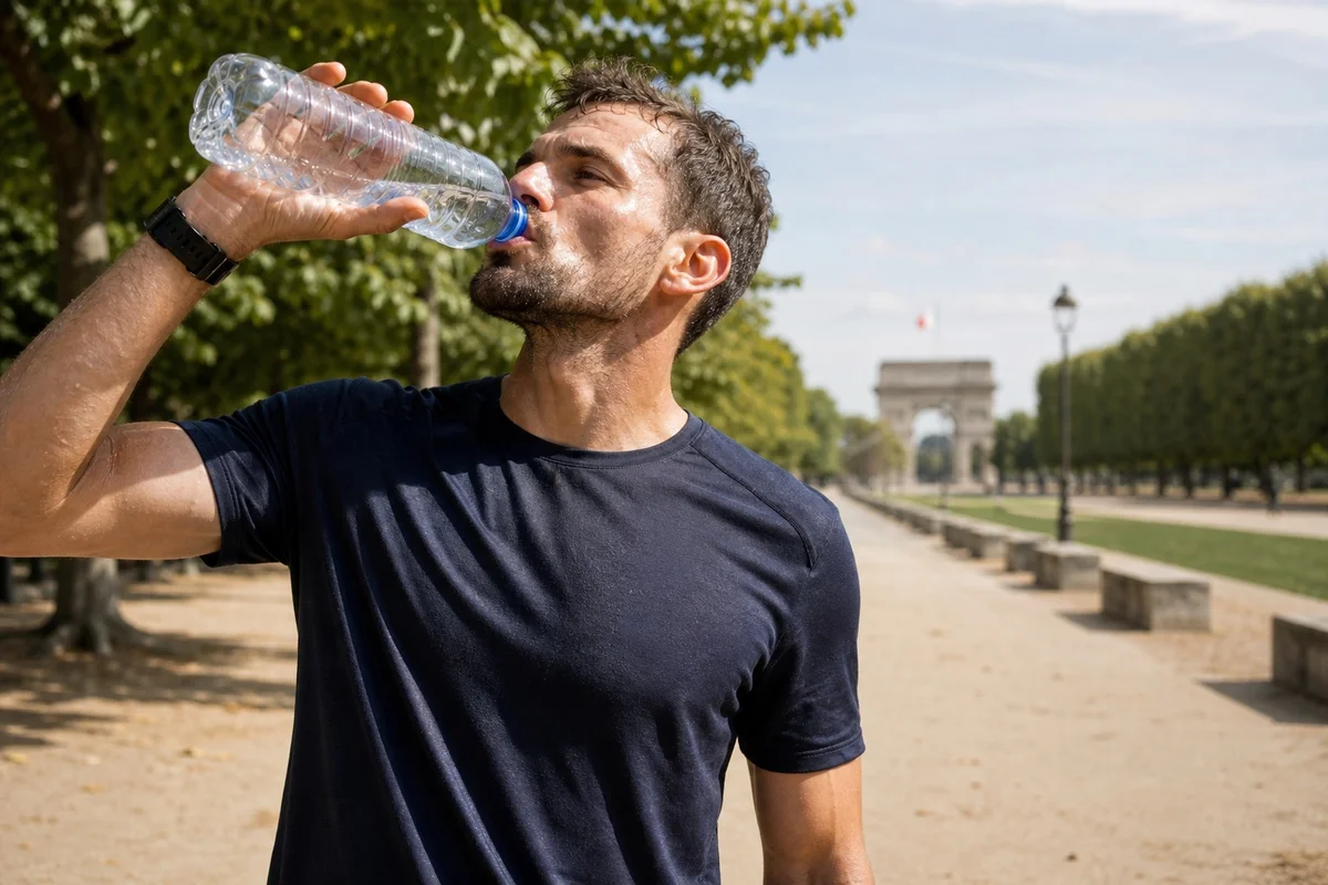 Sportif s'hydratant après un entraînement en extérieur avec une gourde