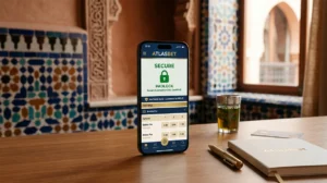 Smartphone montrant application de paris en ligne sécurisée au Maroc avec cadenas SSL et éléments architecturaux marocains