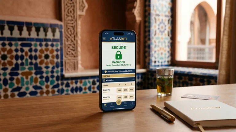 Comment parier en ligne au Maroc en toute sécurité ? Smartphone montrant application de paris en ligne sécurisée au Maroc avec cadenas SSL et éléments architecturaux marocains