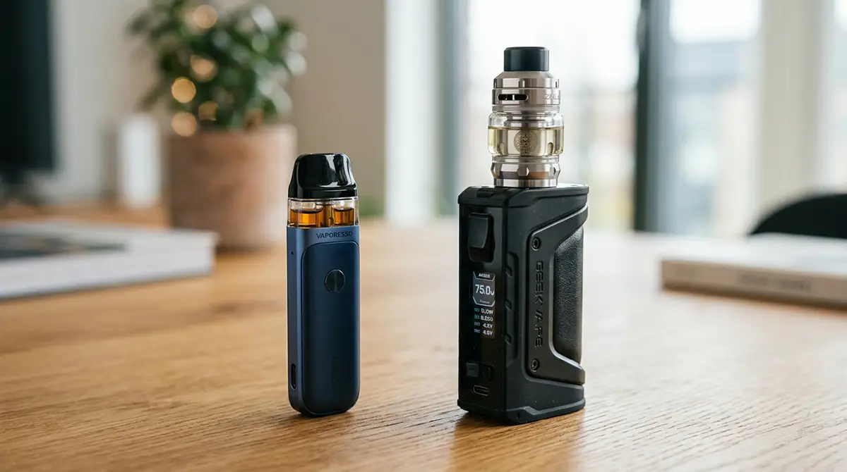 Pod et clearomiseur côte à côte pour illustrer le choix du matériel selon l'e-liquide