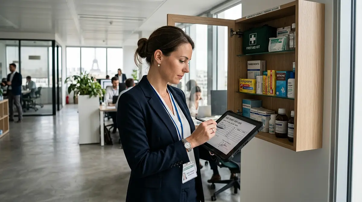 Responsable HSE remplissant un registre de suivi de trousse de secours entreprise