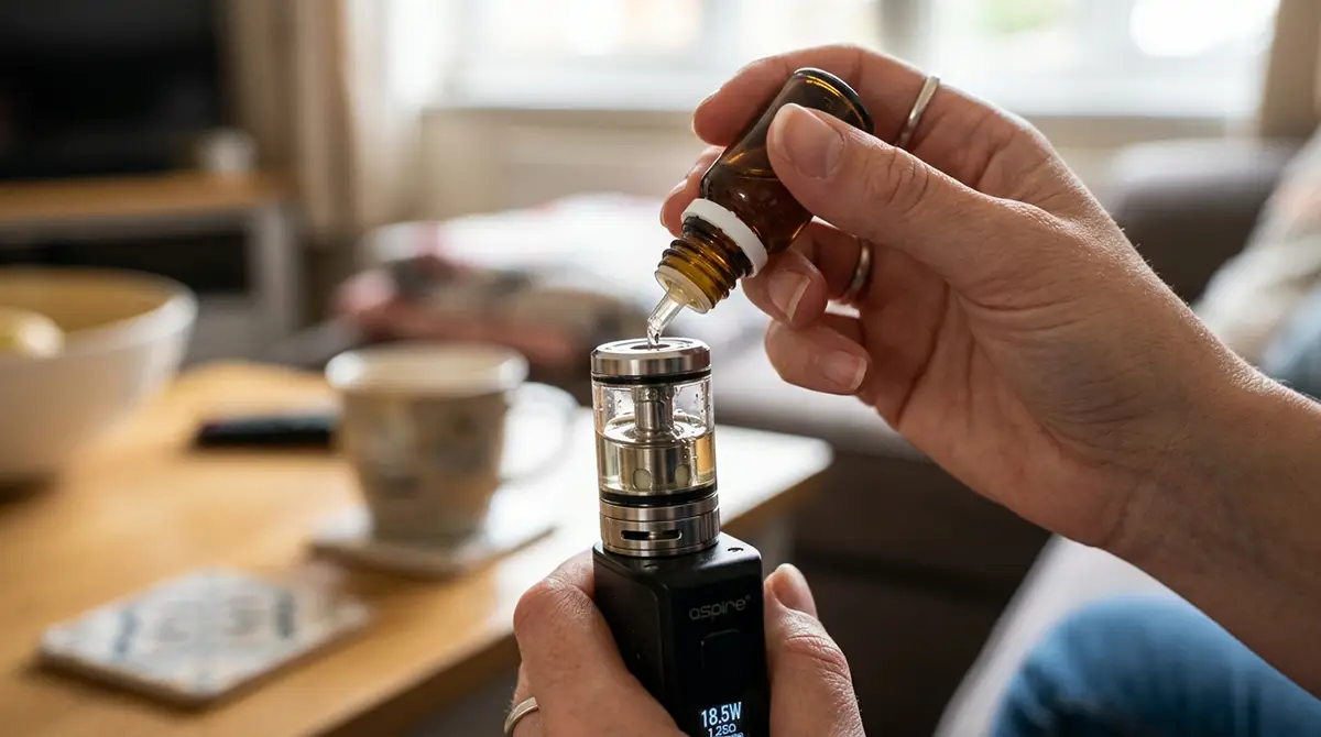 Main versant un e-liquide dans le réservoir d'un clearomiseur