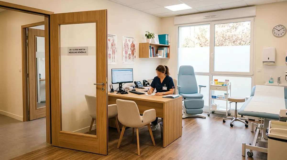Salle de consultation médicale avec porte large et accès PMR