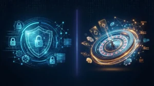 Composition split sécurité numérique blockchain et innovations casino en ligne avec bouclier crypté et roulette holographique