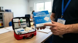 Main vérifiant la date de péremption sur une compresse stérile de trousse de secours entreprise