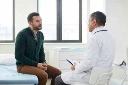 homme en consultation pour Gynécomastie