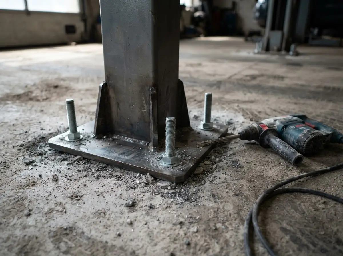 Platine d'ancrage d'un pont élévateur chevillée dans une dalle béton armé d'atelier