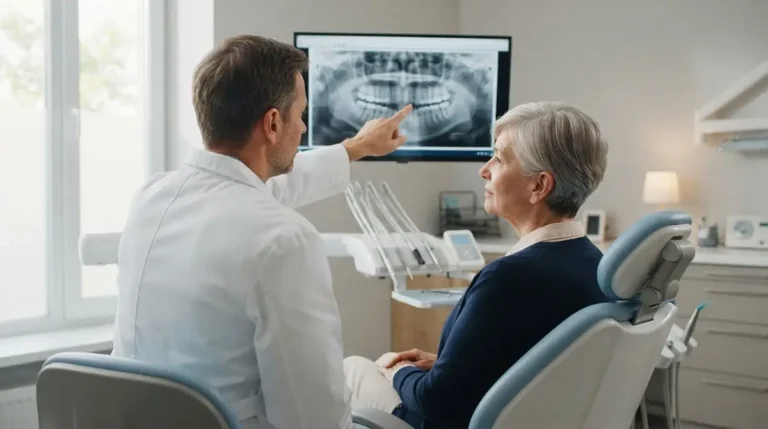 Chirurgien-dentiste commentant une radiographie panoramique avec une patiente traitée pour ostéoporose