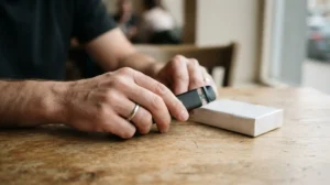 Arrêter de fumer : quelle place pour la cigarette électronique dans une démarche de sevrage ? Adulte tenant une cigarette électronique posée à côté d'un paquet de cigarettes fermé
