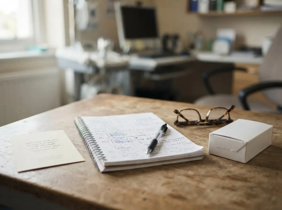 Devis de chirurgie esthétique et liste manuscrite de questions posés sur un bureau de consultation