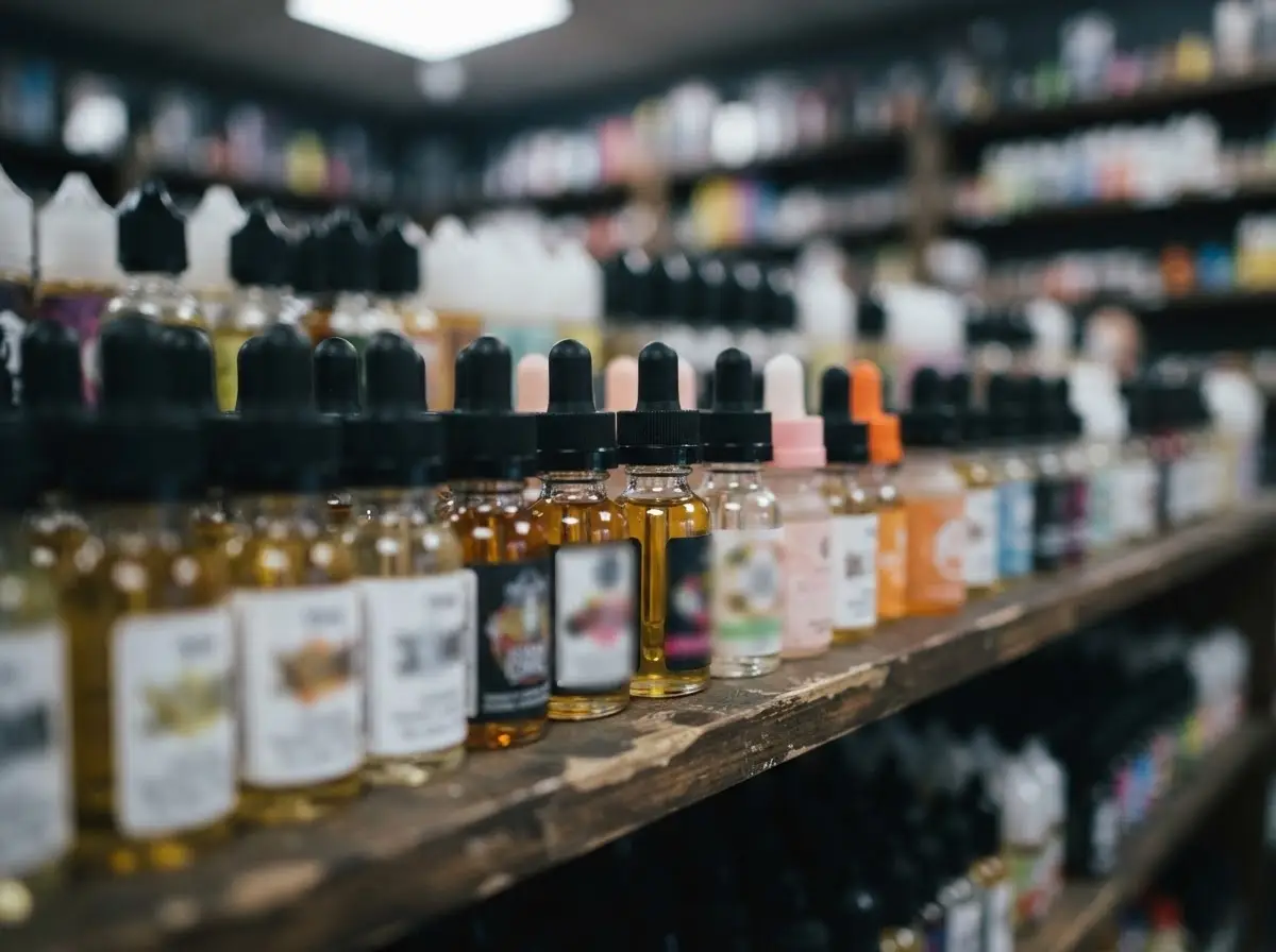 Flacons d'e-liquide de 10 ml alignés sur une étagère de boutique de vape