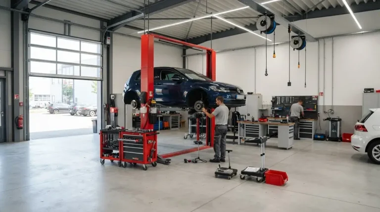 Lancer son garage automobile : structure, sécurité et équipements clés Atelier de garage automobile avec véhicule levé sur un pont élévateur deux colonnes