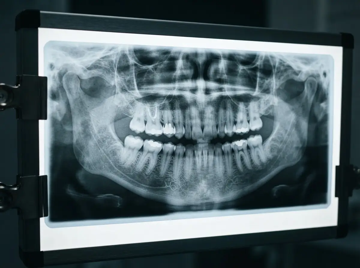 Radiographie panoramique dentaire sur négatoscope montrant la mandibule et l'os alvéolaire