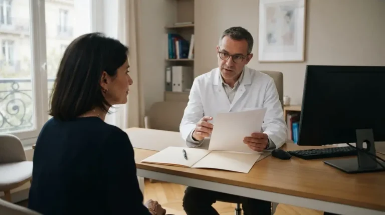 Préparer sa première consultation en chirurgie esthétique : les questions à poser et ce qu’on vous demandera Chirurgien plasticien expliquant un devis détaillé à une patiente lors d'une première consultation en chirurgie esthétique