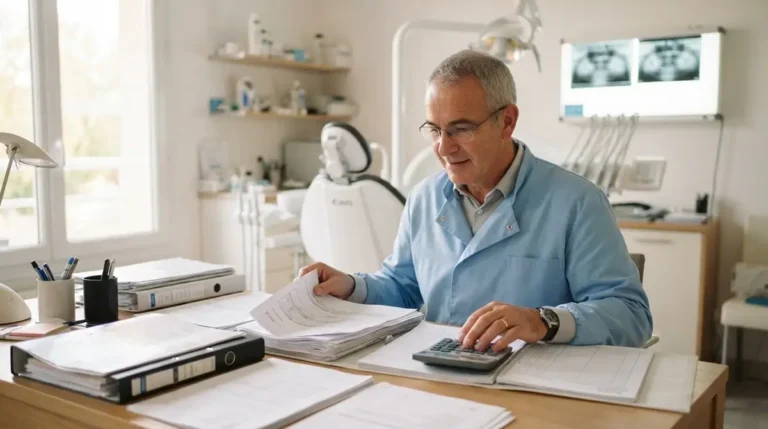 Chirurgien-dentiste senior examinant les comptes de son cabinet avant son départ à la retraite