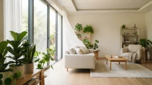 Salon lumineux avec plantes vertes et fenêtres ouvertes illustrant une bonne qualité de l'air intérieur dans une maison saine