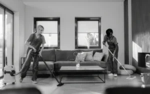 2femmes de ménage utilisant des produits d'entretien probiotiques dans la maison