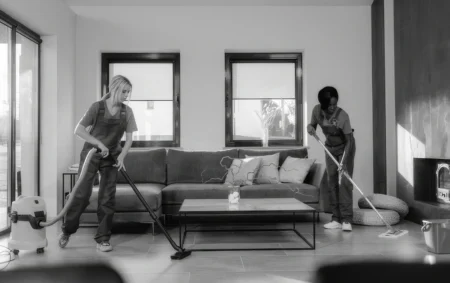 2femmes de ménage utilisant des produits d'entretien probiotiques dans la maison