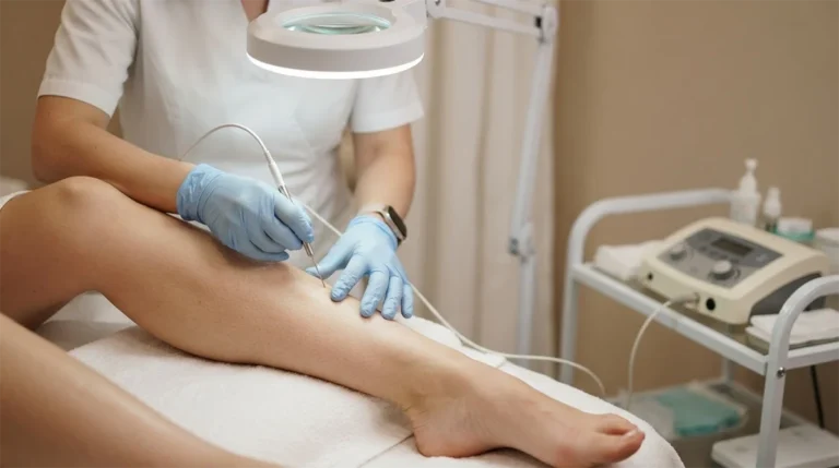Praticienne utilisant un appareil d'électrolyse pour une épilation définitive sur la jambe d'une cliente