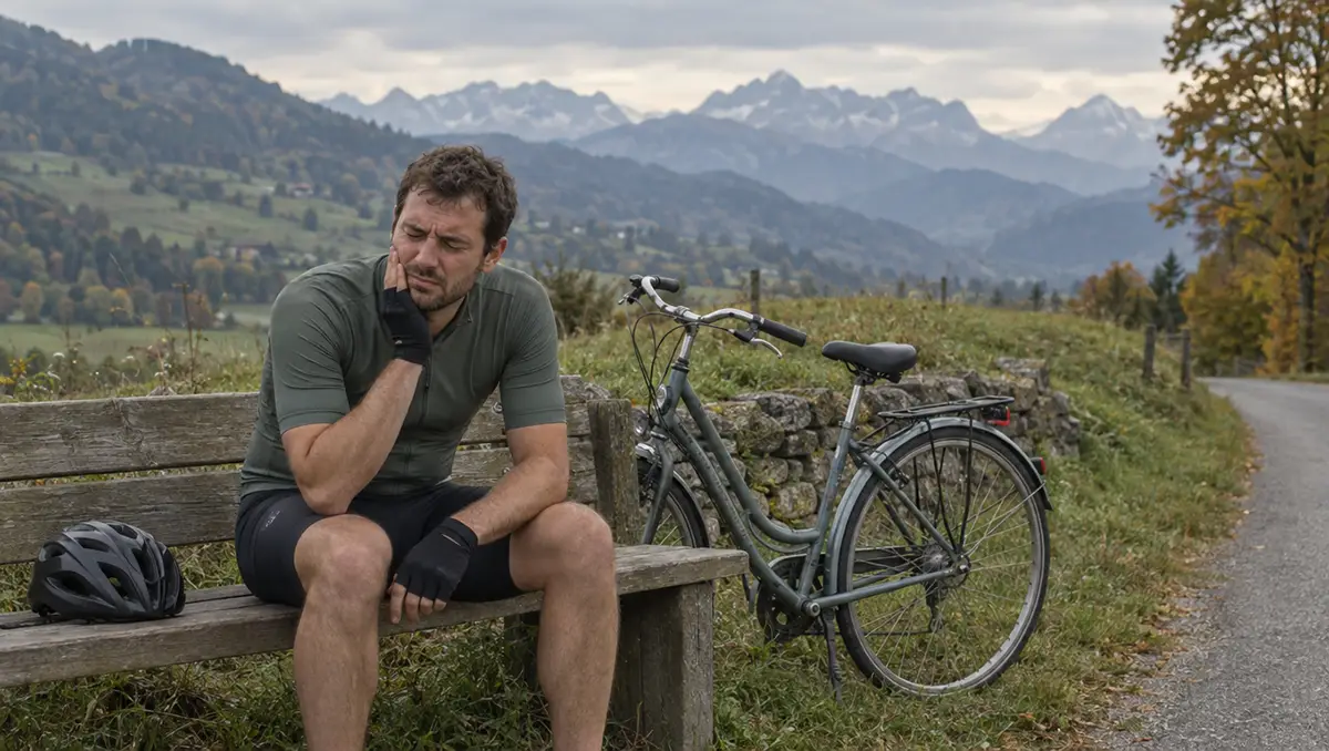 Cycliste assis au bord d'une route de Haute-Savoie, la main sur la mâchoire après une chute