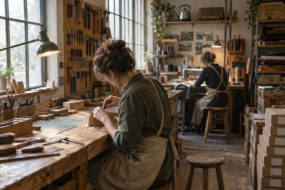 Deux artisanes au travail dans leur atelier, avec des colis prêts à être expédiés