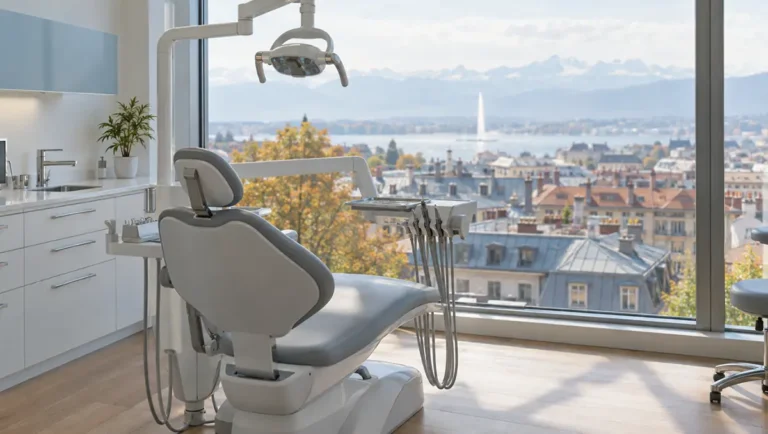 Dentiste en France ou en Suisse : le calcul des frontaliers, facture en main Cabinet dentaire moderne avec vue sur les toits de Genève et le lac Léman