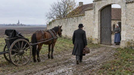 Des rebouteux à la médecine de campagne : comment l’histoire rurale et l’archéologie éclairent notre santé Médecin de campagne marchant vers le portail d'une ferme beauceronne, sa sacoche à la main, au début du XXe siècle