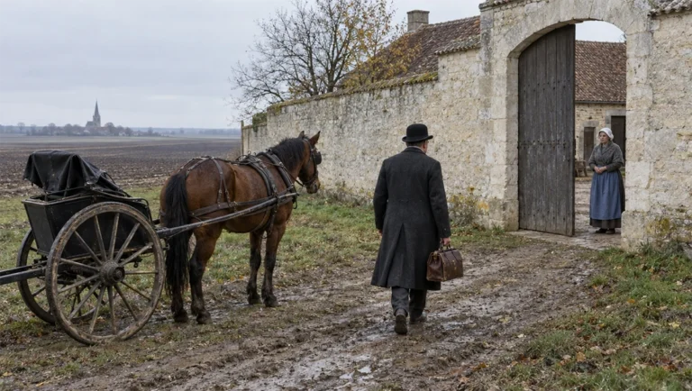 Médecin de campagne marchant vers le portail d'une ferme beauceronne, sa sacoche à la main, au début du XXe siècle