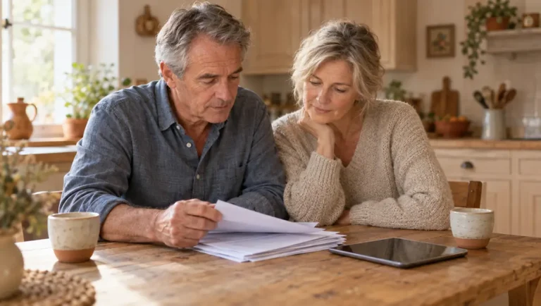 Couple de jeunes retraités comparant leurs contrats de mutuelle à la retraite sur une table de cuisine