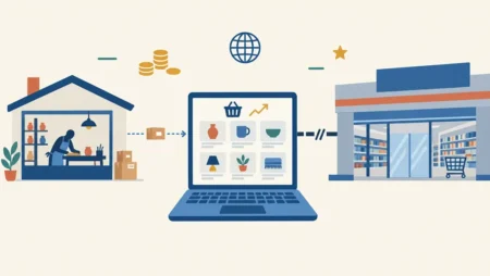 Illustration d'un artisan qui vend ses créations sur une boutique en ligne, sans passer par la grande surface