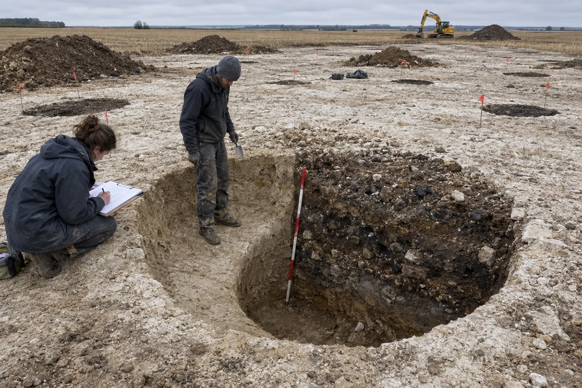 Fosse de stockage fouillée par moitié sur un chantier d'archéologie préventive en Beauce